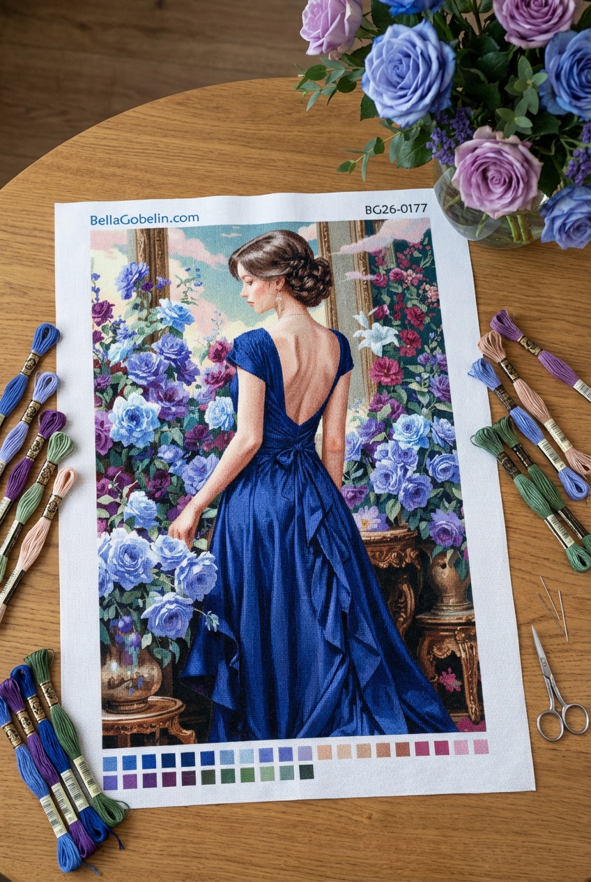 Frau im blauen Kleid mit Rosen