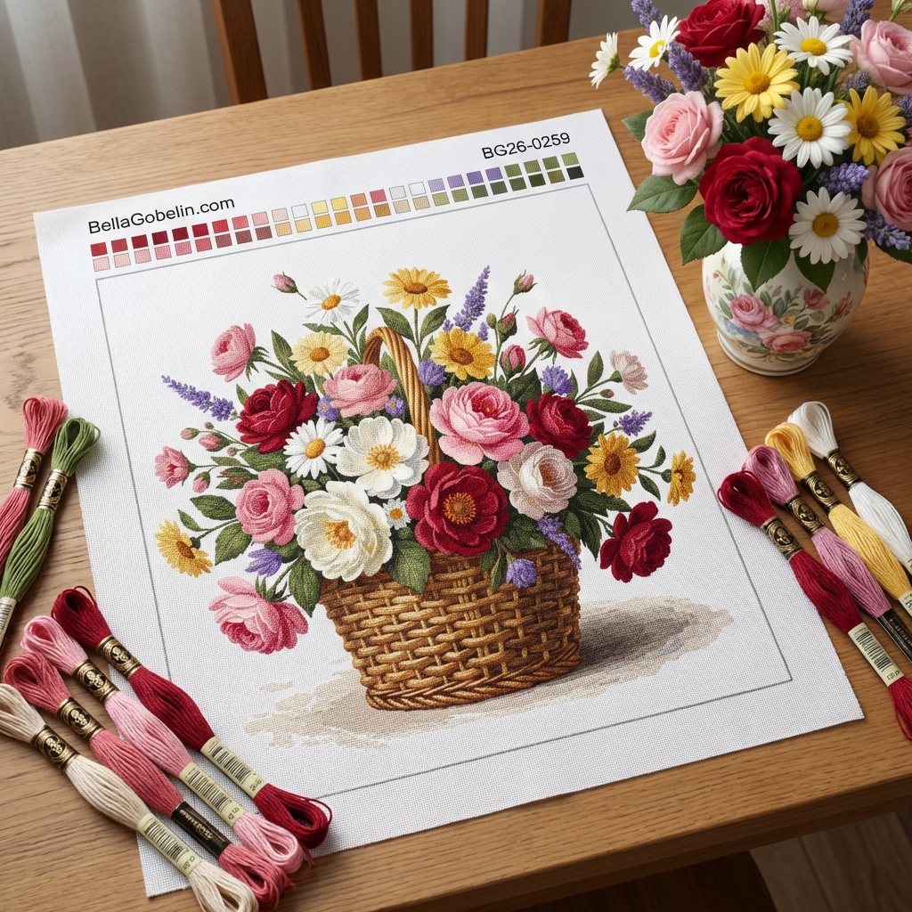 Blumenkorb mit Rosen und Margeriten
