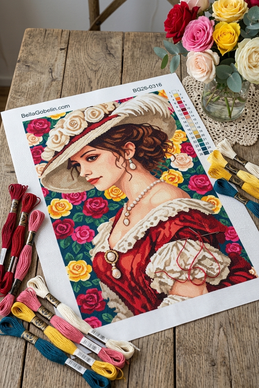 Dame mit Rosenstrauch im Hintergrund