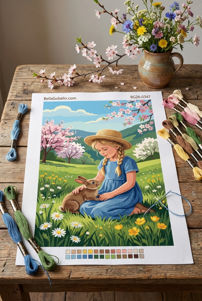 Mädchen mit Kaninchen auf Frühlingswiese