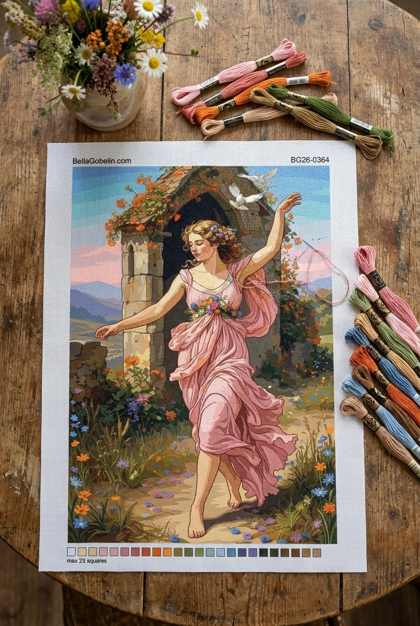 Frau mit Blumen und Tauben