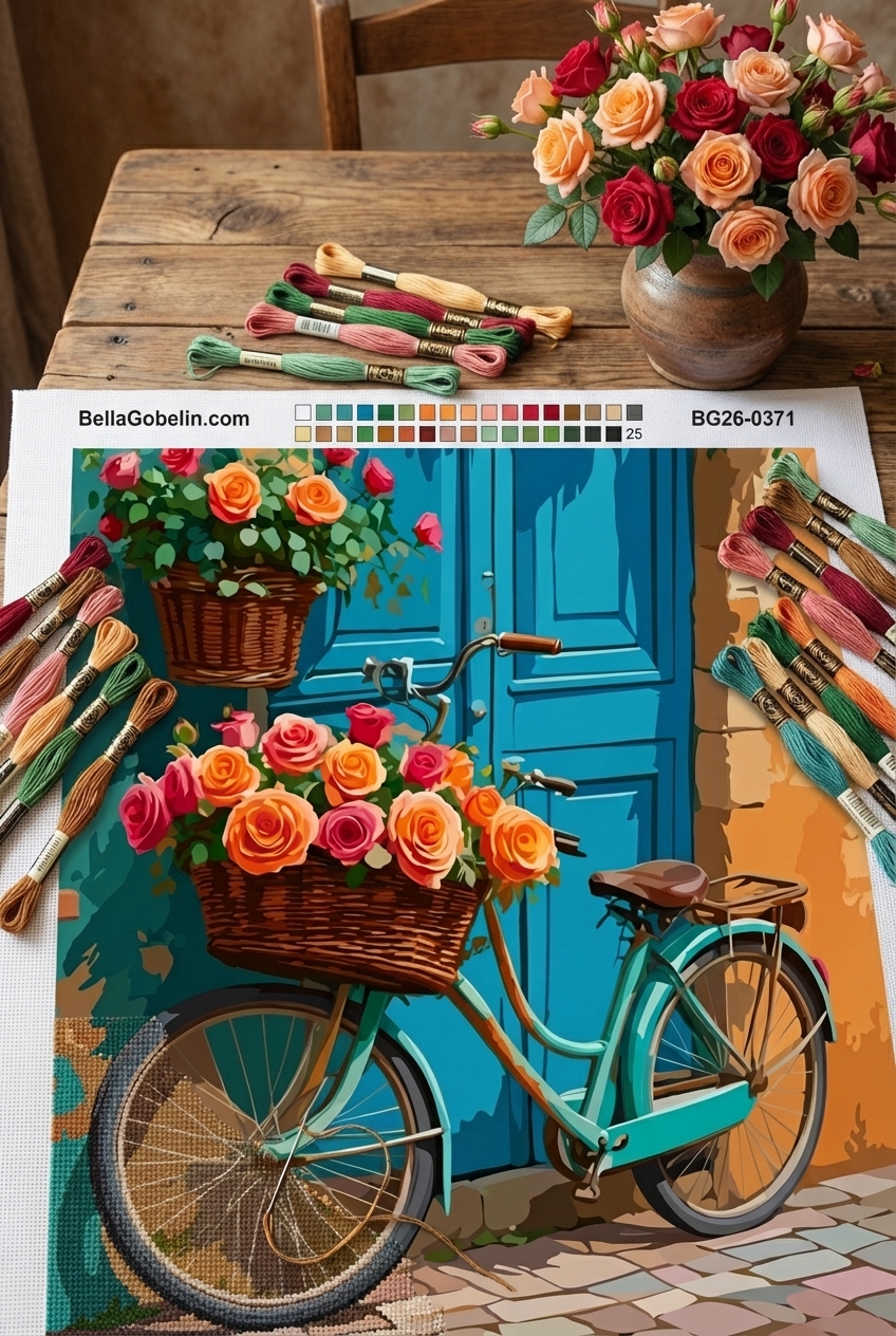 Blumenrad vor blauer Tür