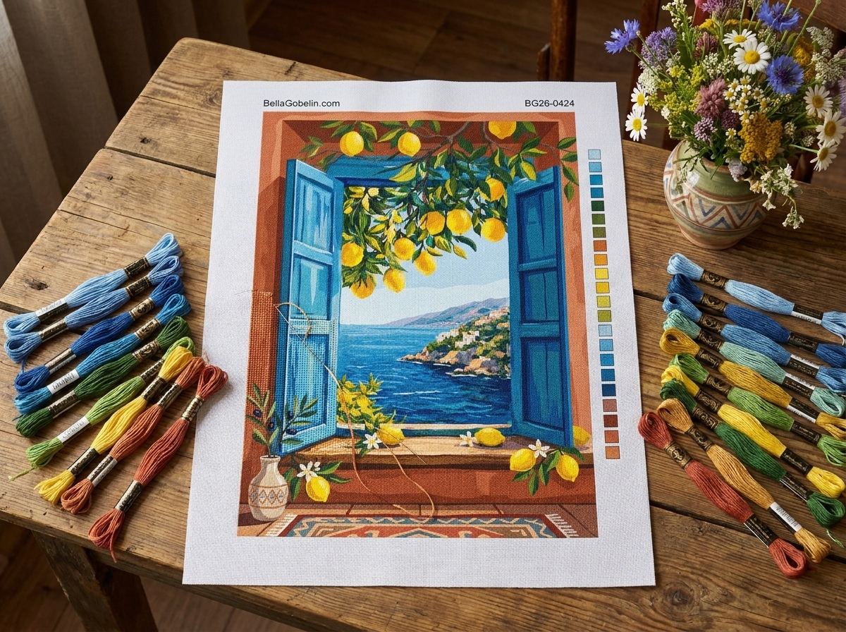 Mediterranes Fenster mit Zitronen (Gobelin)