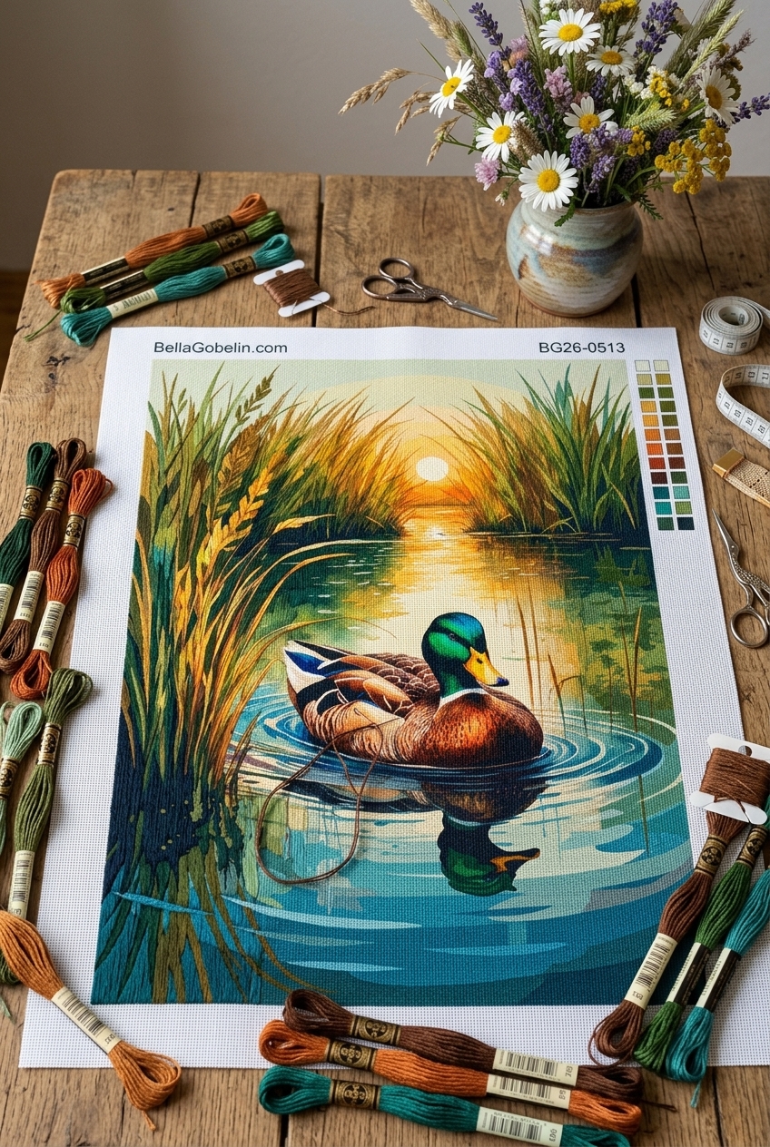 Ente auf dem See bei Sonnenuntergang (Gobelin)
