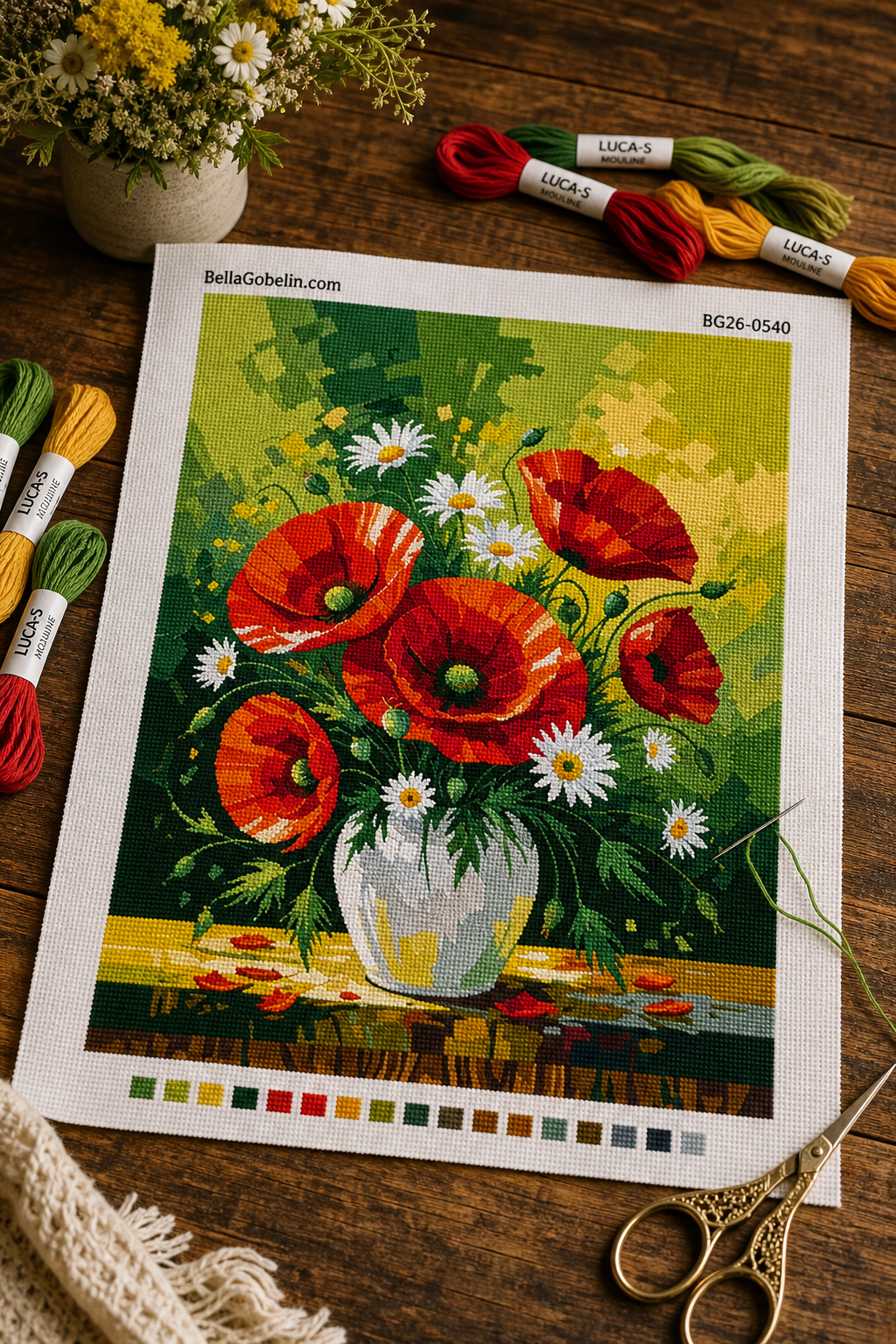 Mohnblumen und Gänseblümchen in einer Vase