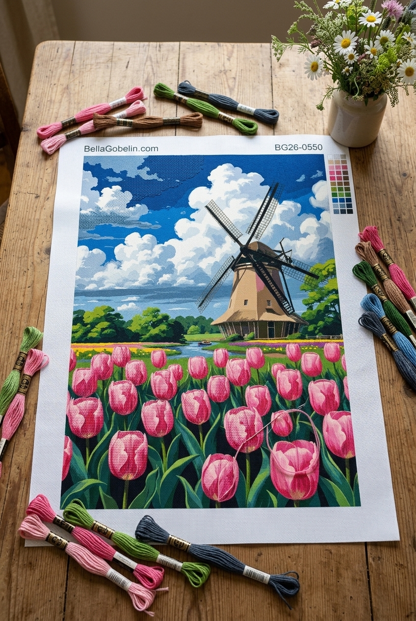Holländische Windmühle mit Tulpenfeld (Gobelin)