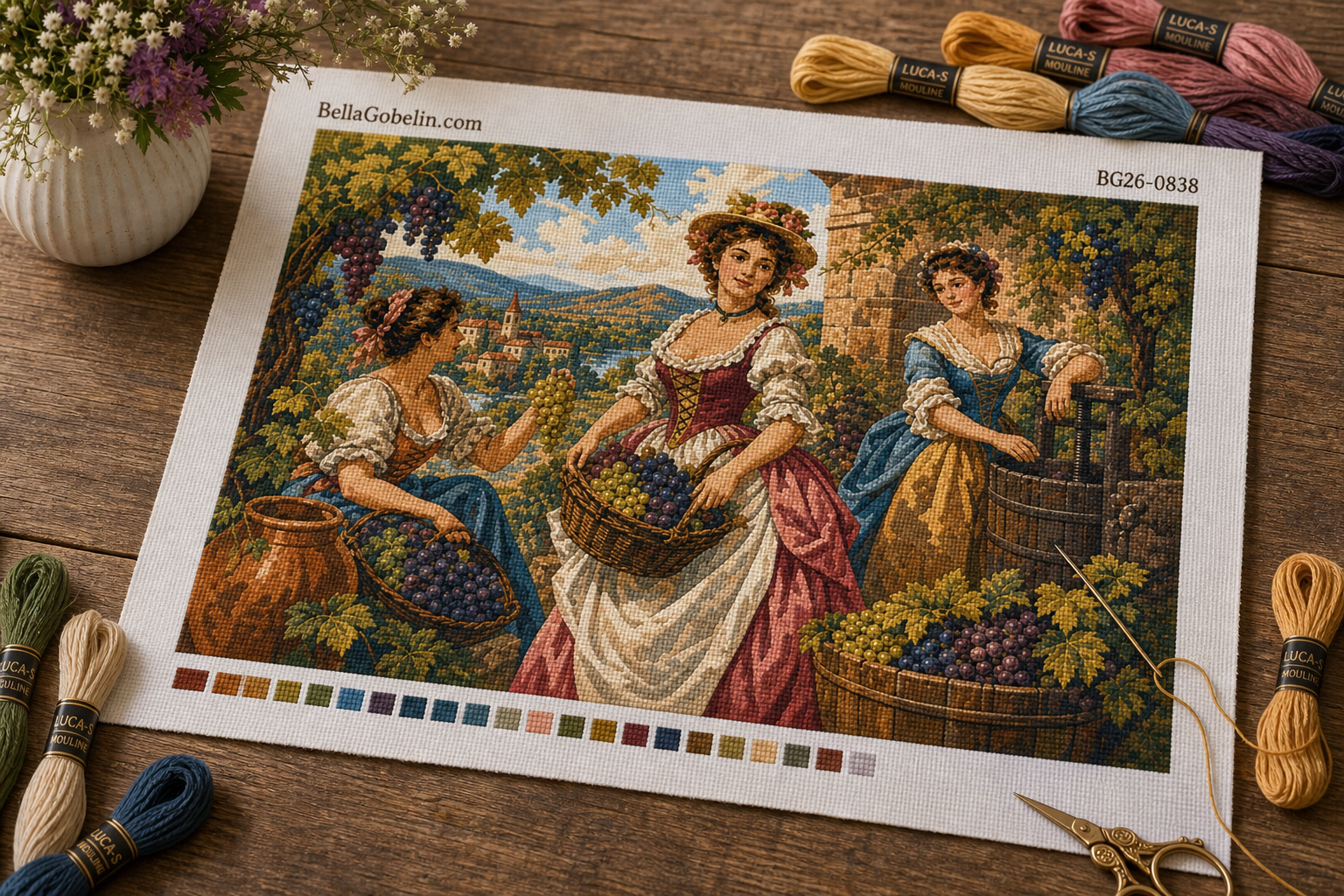Weinlese-Hofdame Gobelin Lebensszene