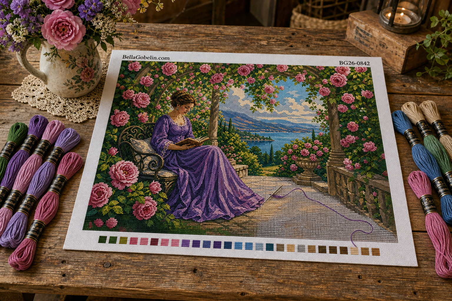 Lesende Dame unter dem Rosenbogen