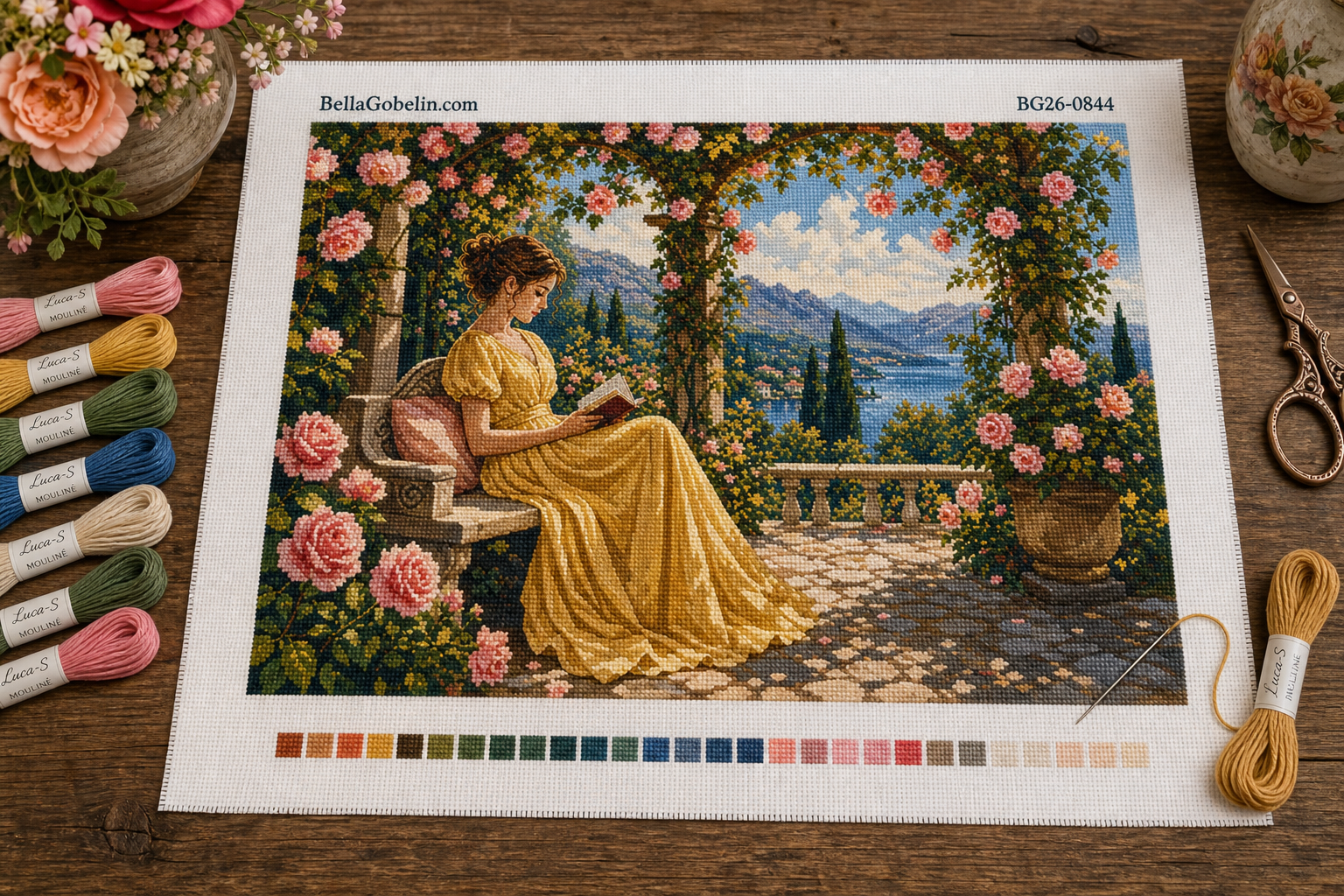 Lesende Dame unter dem Rosenbogen