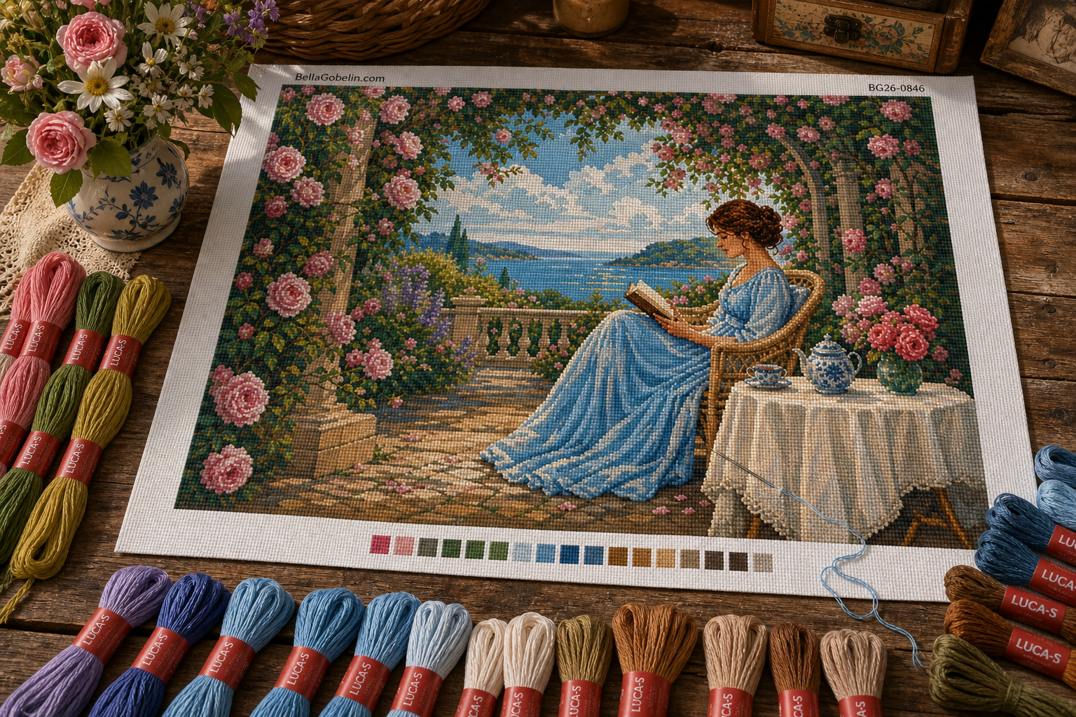 Lesende Dame unter dem Rosenbogen