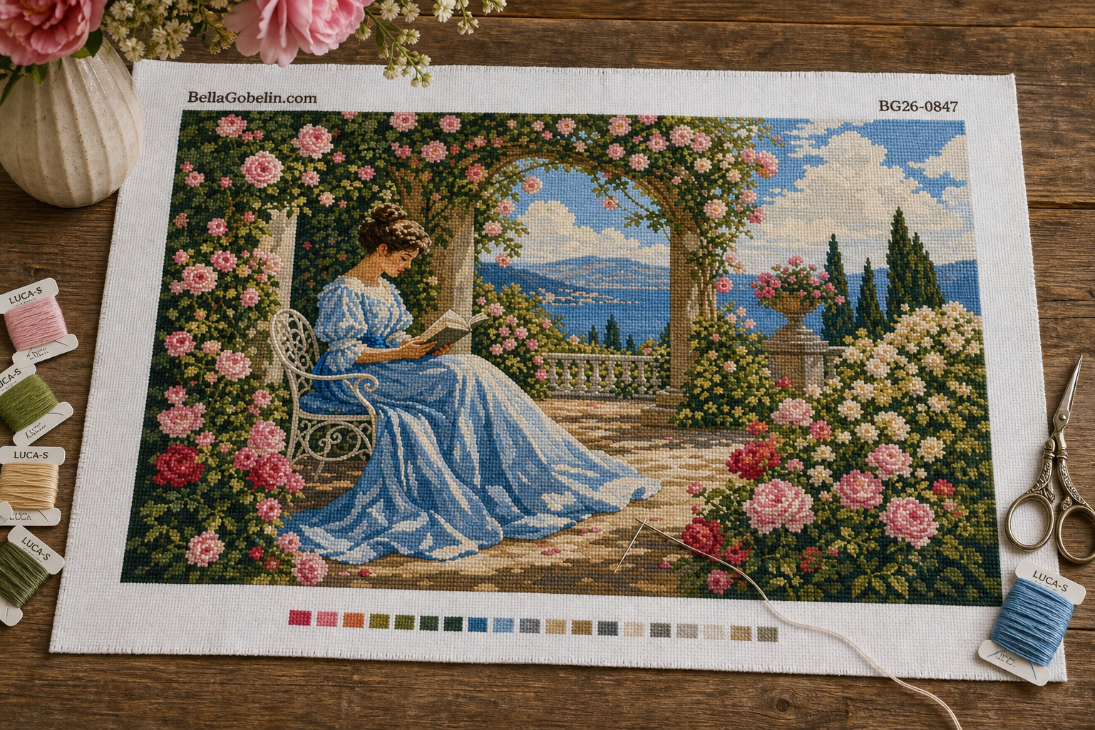 Lesende Dame unter dem Rosenbogen