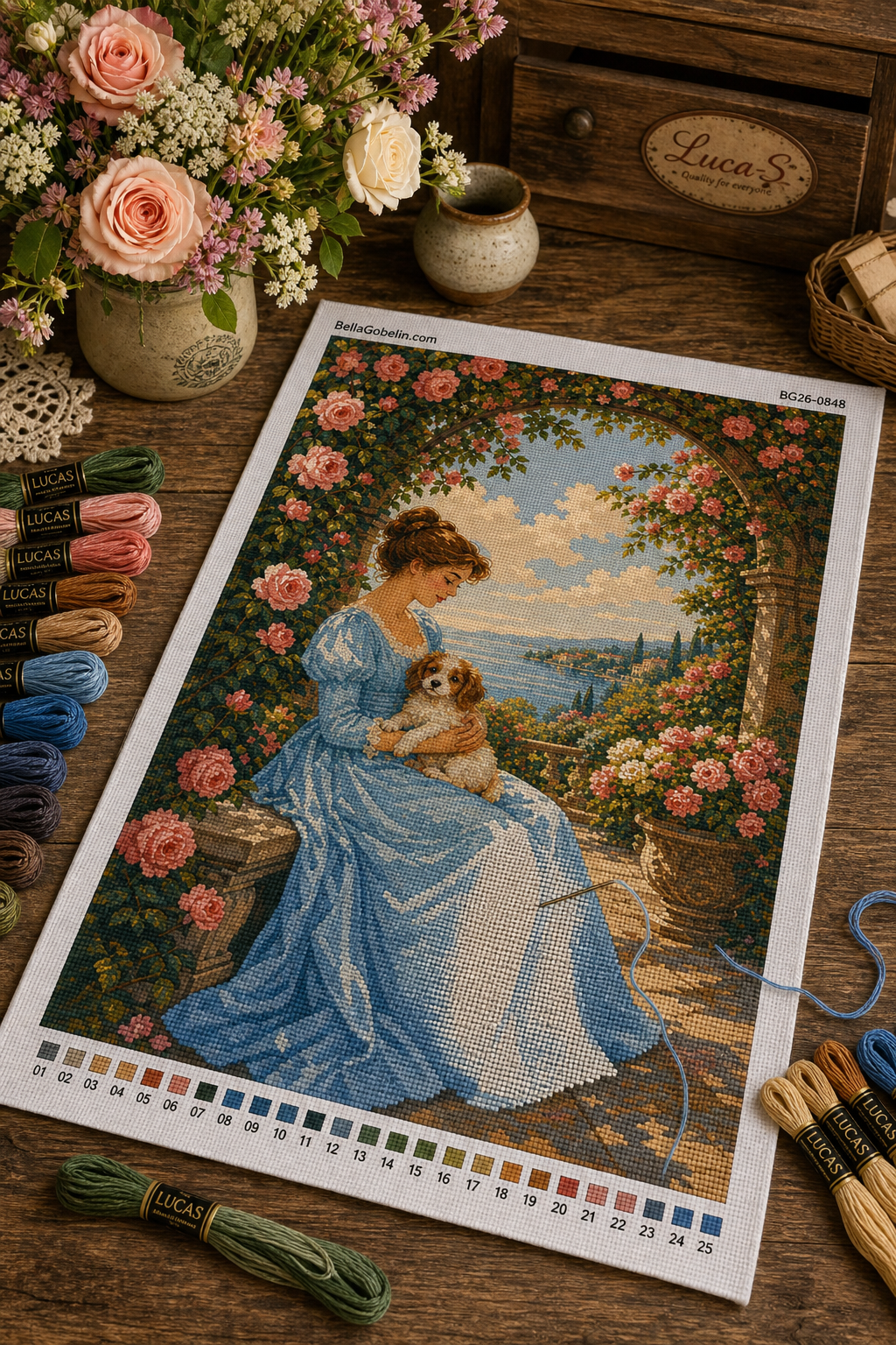 Dame mit Welpen unter dem Rosenbogen