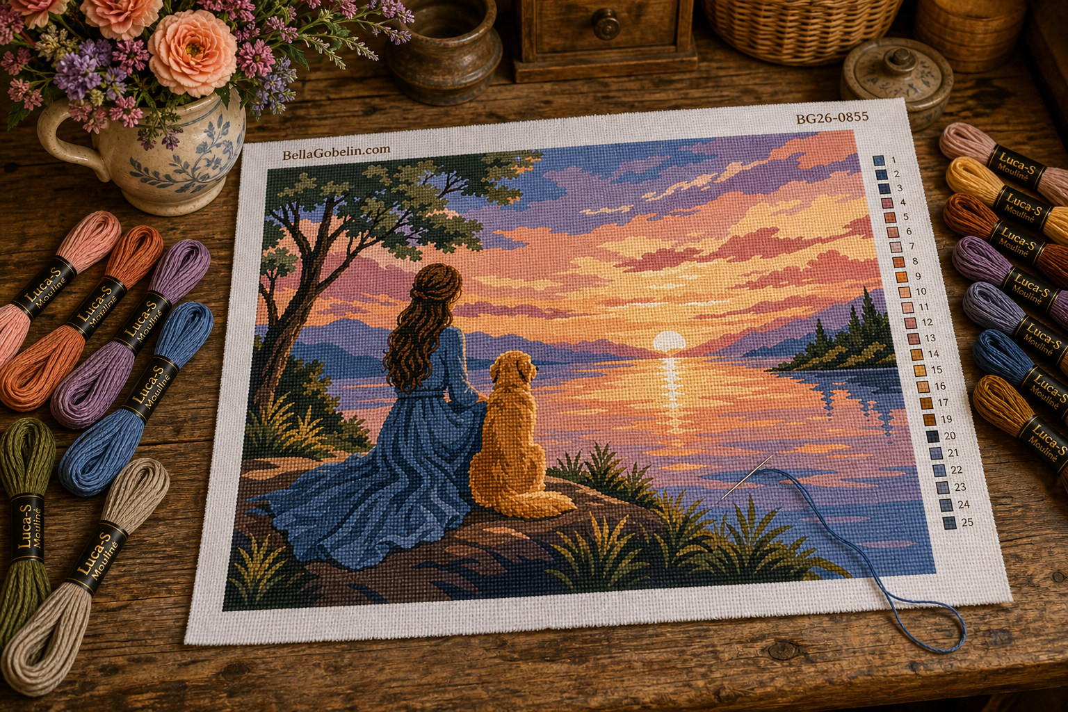 Muster für Gobelin mit Sonnenuntergang am Seeufer