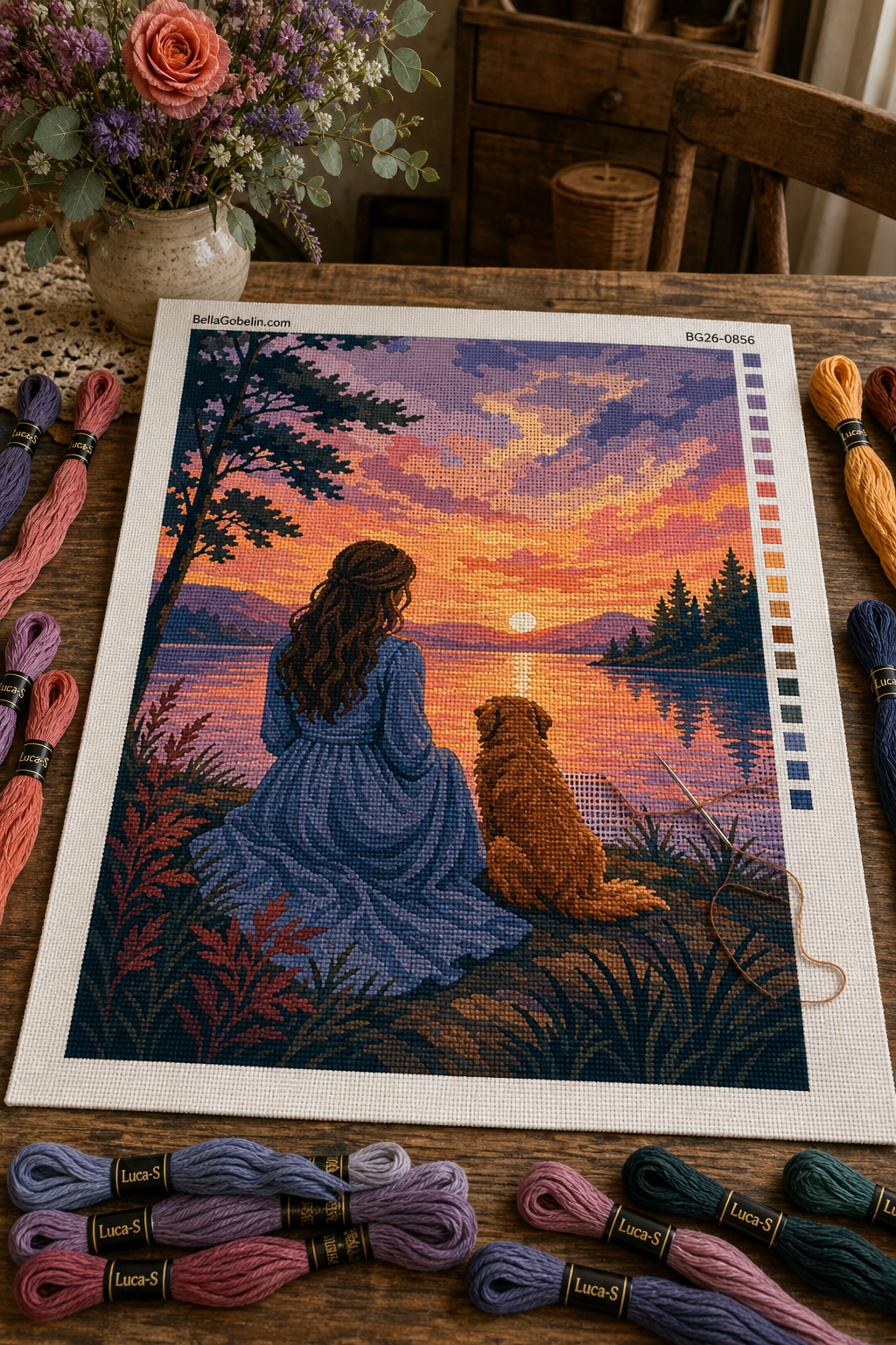 Muster für Gobelin mit Sonnenuntergang am Seeufer