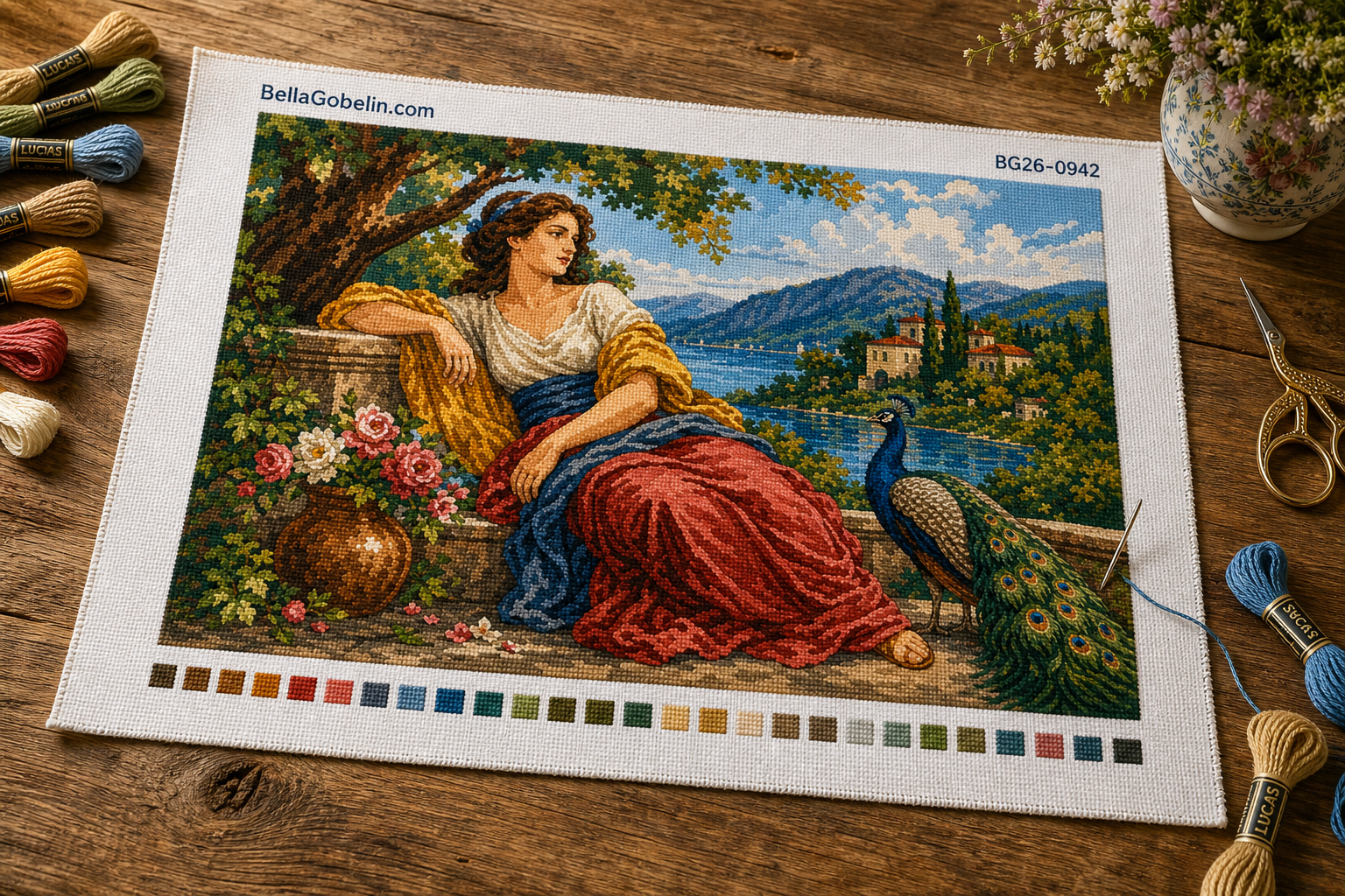 Dame mit Pfau am Seeufer