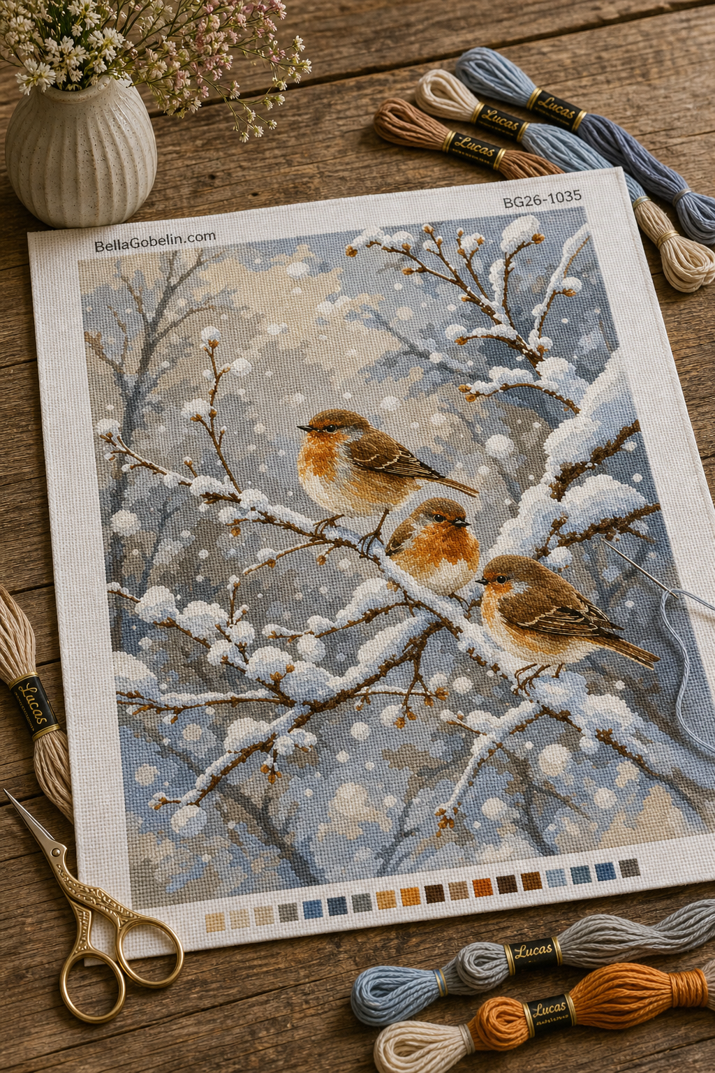 Drei Rotkehlchen auf verschneiten Ästen