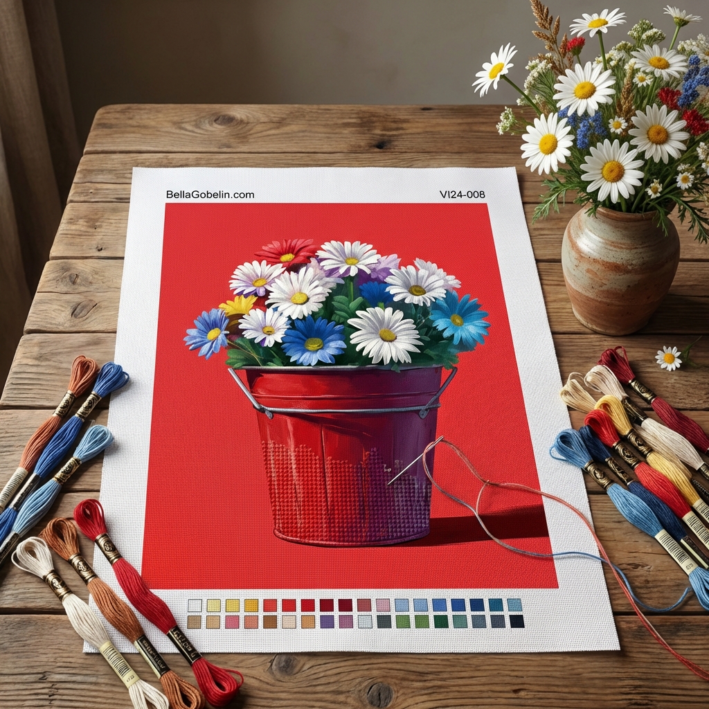 Bunte Blumen in einem roten Eimer