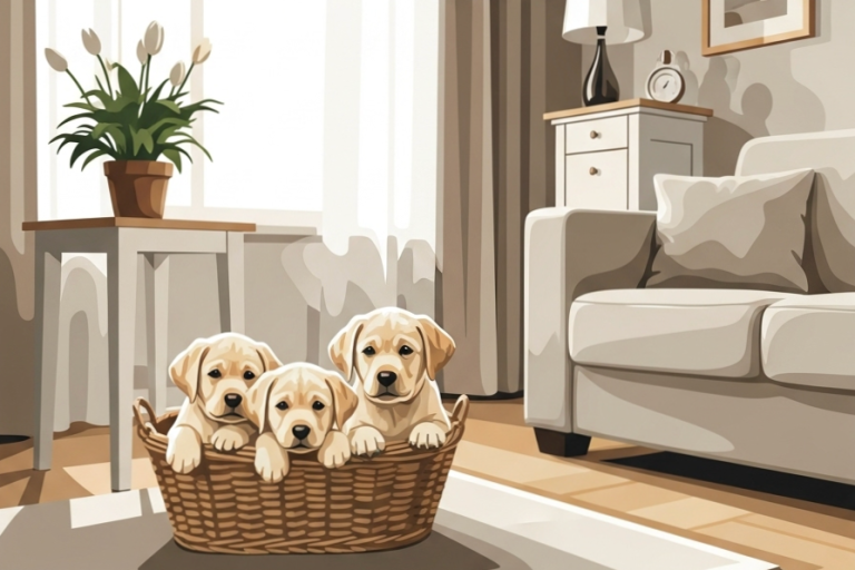 Labrador kölykök kosárban