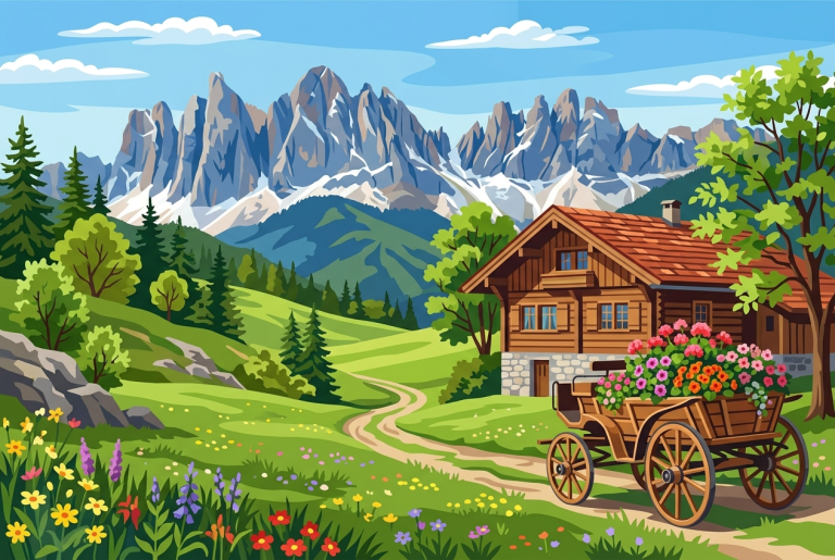 Alpesi táj virágos szekérrel – BG26-0588