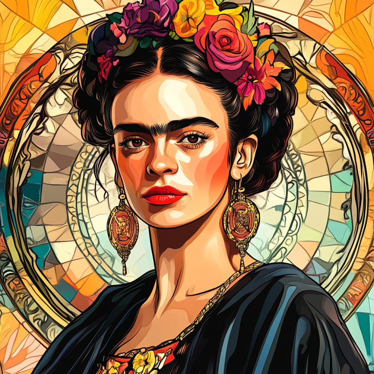 <div class='list-title'>Frida Kahlo Porträt im Stil von Alphonse Mucha</div><div class='list-plustitle'>Gobelin Stickbild - Stickpackung</div>