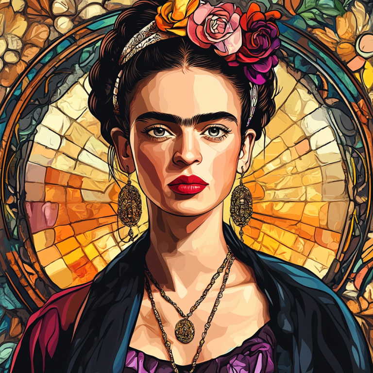 <div class='list-title'>Frida Kahlo Porträt im Stil von Alphonse Mucha</div><div class='list-plustitle'>Gobelin Stickbild - Stickpackung</div>