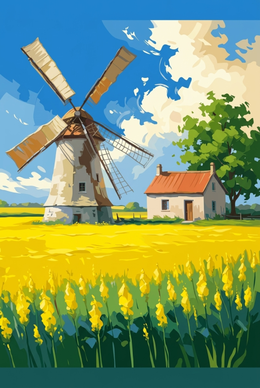 Szélmalom a virágos mezőn