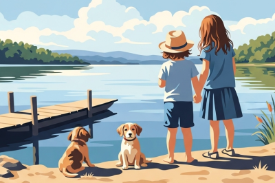 Kinder und kleine Hunde am See