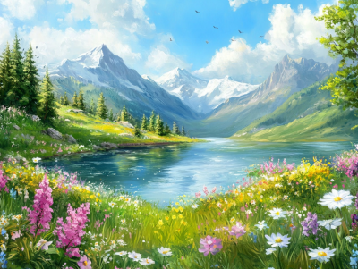 Berge, See, Blumen