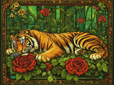 Tiger-Porträt im Mucha-Stil