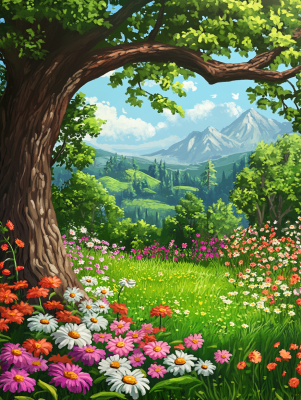 Bunte Blumen am Fuße des Baumes