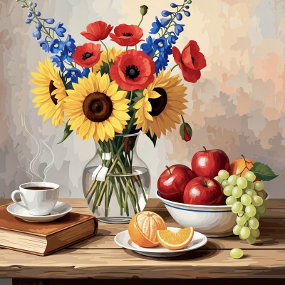 Stillleben mit Kaffee-Gobelintapisserie