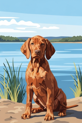 Hundeportrait - Peckes Vizsla-Welpe am See