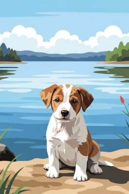Hunde-Porträt - Gepunkteter Welpe am See – 25-993