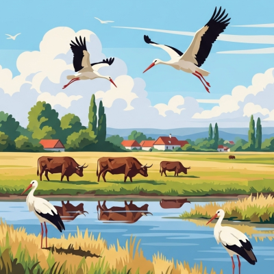 Schwalben und Ochsen am See