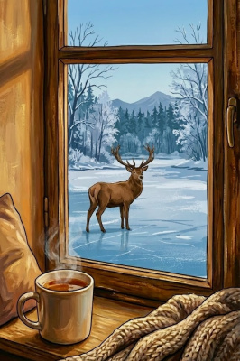 Innen warm, draußen kalt – ein Bild mit einem Hirsch.
