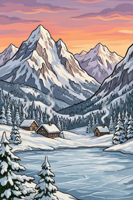 Kleindorf im Gebirge am Ufer des zugefrorenen Sees