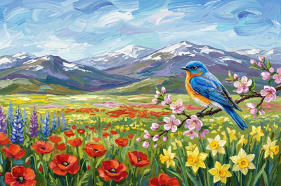 Frühlingslandschaft mit einem kleinen Vogel