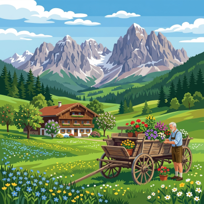 Alpenlandschaft mit blumengeschmücktem Wagen – BG26-0587