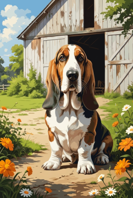 Basset Hound vor der Scheune