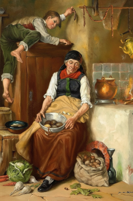 Ländliche Küchenküchen-Ansicht mit Gobelin-Stickerei