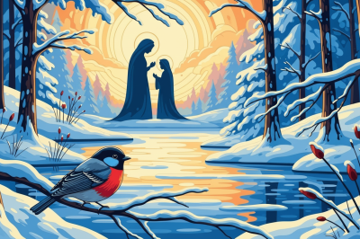 Winterlandschaft mit Vogel auf Gobelin-Leinwand