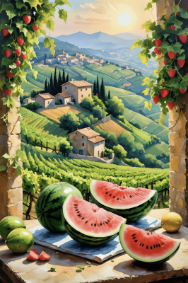 Toskanisches Landschaftsbild mit Wassermelone