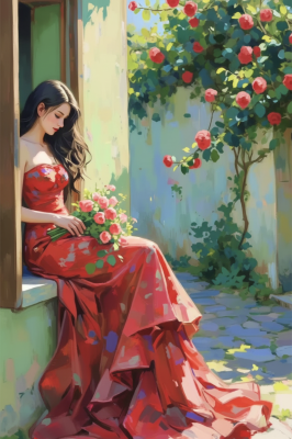 Frau mit Blumen am Fenster