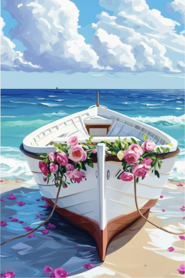 Blumenboot am Strand