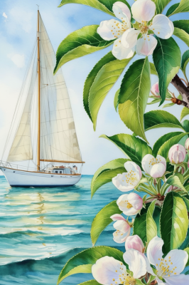 Segelboot mit Blumen und Küstenlandschaft, gestickt als Gobelin-Stickerei