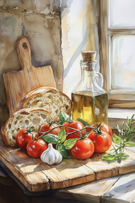 Stillleben mit Brot und Tomaten