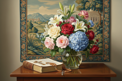 Stillleben mit Blumen und Buch