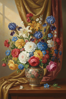 Blumenstillleben mit Drapierung