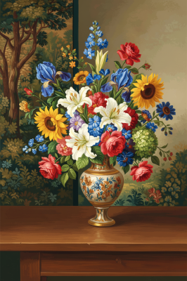 Blumenstillleben mit Früchten