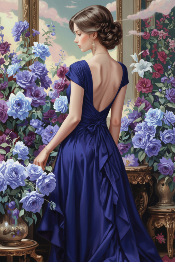Frau im blauen Kleid mit Rosen